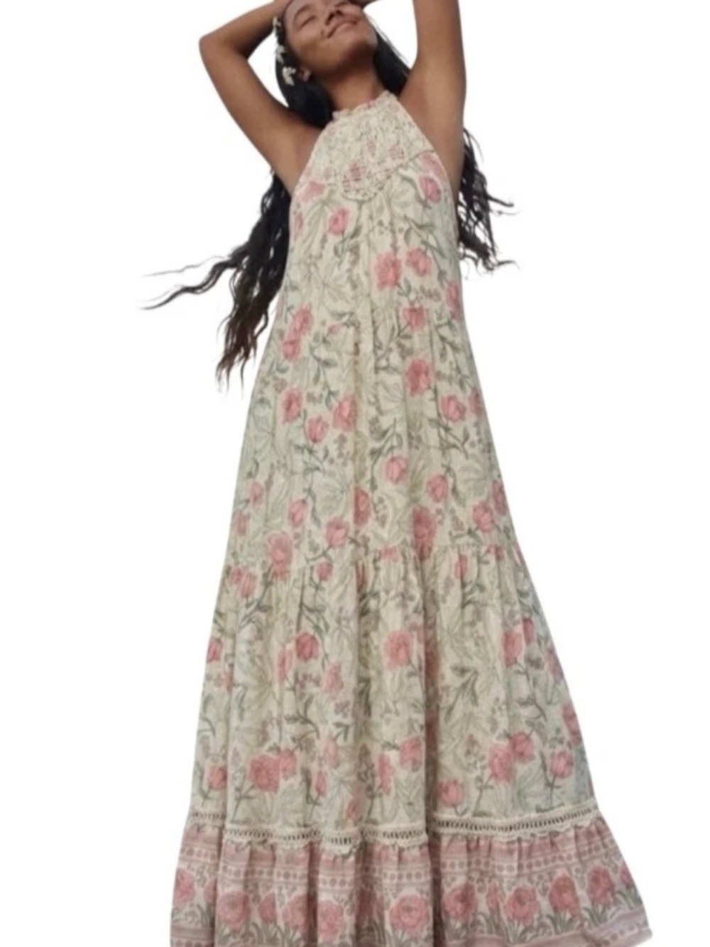 Lulu's Cream Maxi Dress with Pink Floral Print Sz L